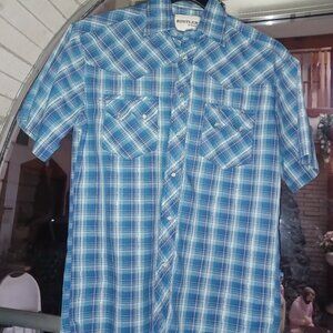Rustler by Wrangler Men's Western Shirt M Blue & Green Plaid